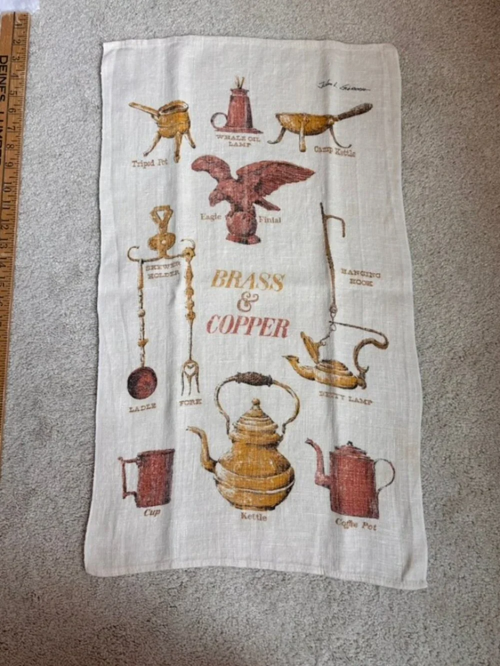 Vintage printed linen tea towel colonial-era brass and copper items